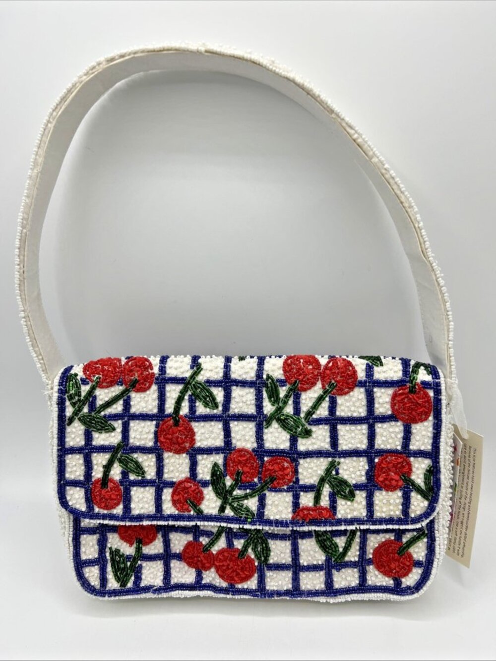 TJMaxx Beaded Bag White Blue Checkered Cherry Design Shoulder Purse Viral
